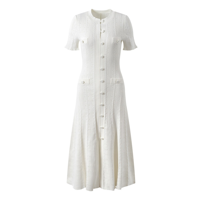 {EAM} French temperament girl short-sleeved wooden ear side hollow thread single-breasted knitted dress slim long skirt DLZ224