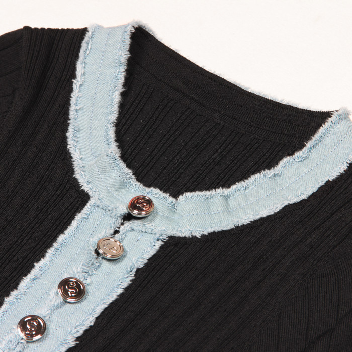 {EAM} Short sleeve jeans simple atmosphere slimming long knit dress DLZ225