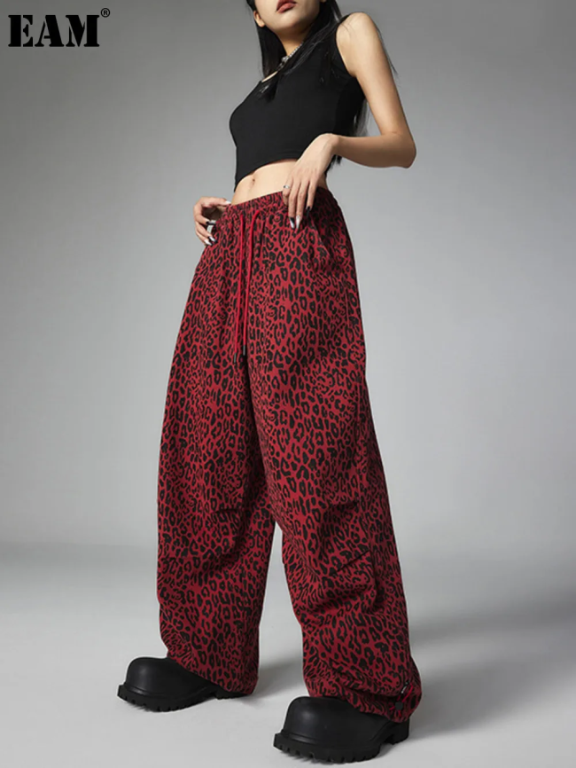 {EAM} American high street leopard print casual pants women's new autumn and winter loose casual drawstring straight pants DLZ234