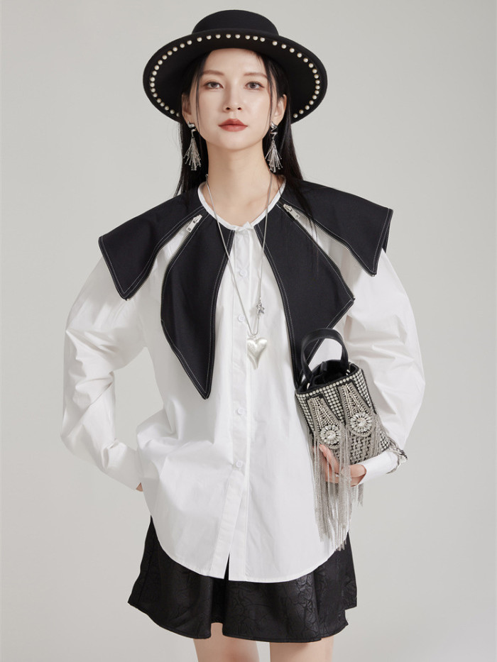[EAM] Women Black Striped Color-block Big Size Blouse New Lapel Long Sleeve Shirt Fashion Tide Spring Autumn 2024 1DH7983