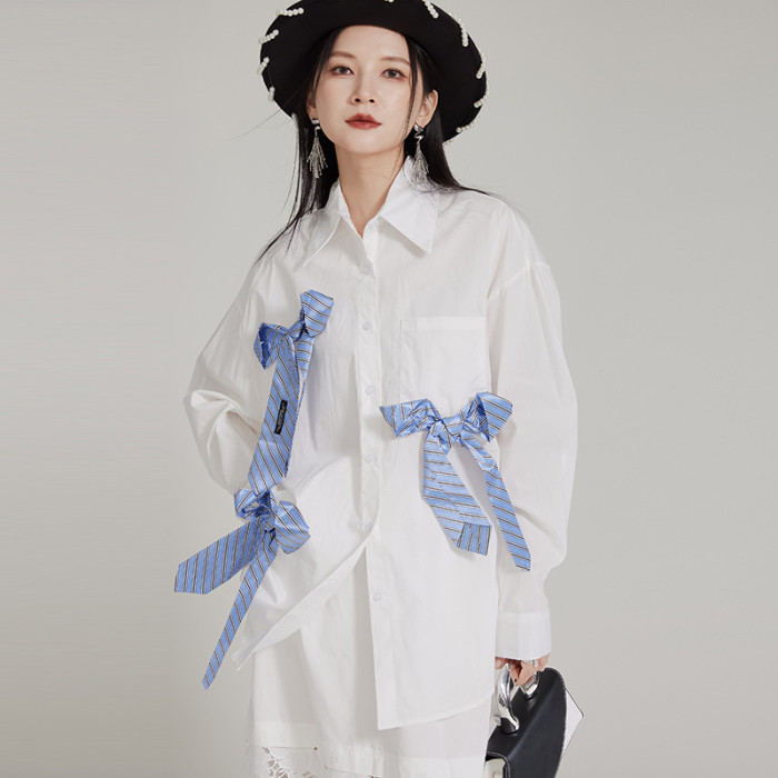 [EAM] Women White Blue Bow Color-block Big Size Blouse New Lapel Long Sleeve Shirt Fashion Tide Spring Autumn 2024 1DH7984