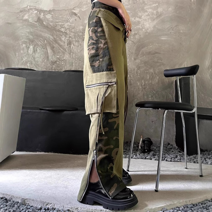 {EAM} American retro high-waisted overalls fake two patchwork leopard print jeans camo pants street hip hop straight leg pants DLZ233