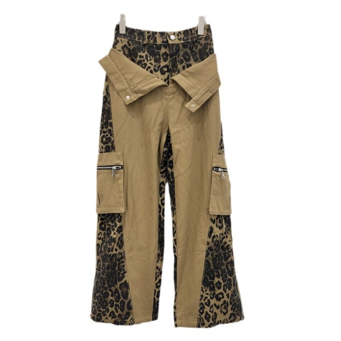 {EAM} American retro high-waisted overalls fake two patchwork leopard print jeans camo pants street hip hop straight leg pants DLZ233