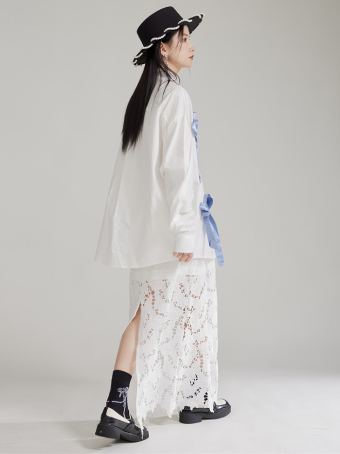[EAM] Women White Blue Bow Color-block Big Size Blouse New Lapel Long Sleeve Shirt Fashion Tide Spring Autumn 2024 1DH7984