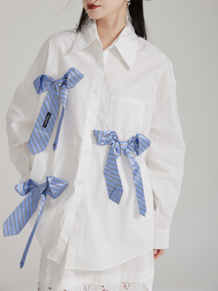 [EAM] Women White Blue Bow Color-block Big Size Blouse New Lapel Long Sleeve Shirt Fashion Tide Spring Autumn 2024 1DH7984
