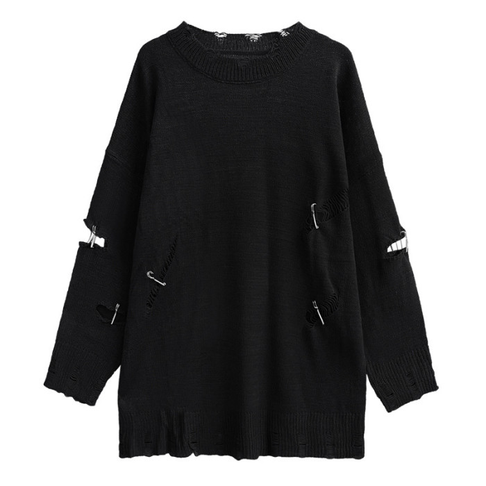 [EAM] Black Big Size Holes Knitting Sweater Round Neck Long Sleeve Women Pullovers New Fashion Tide Spring Autumn 2024 1DH7977