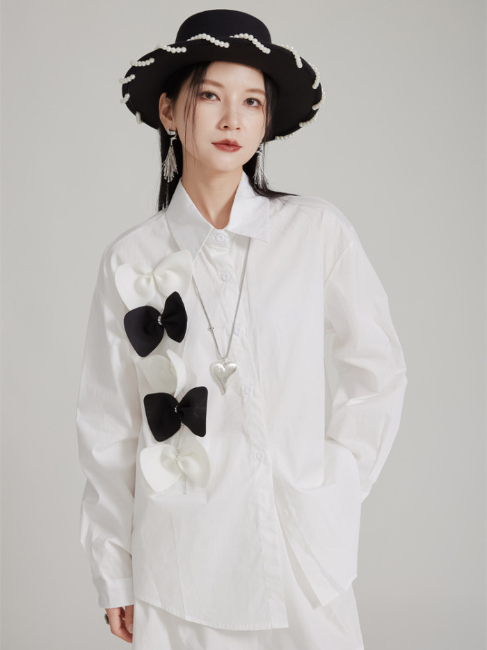 [EAM] Women Rose Red Bow Spliced Big Size Elegant Blouse New Lapel Long Sleeve Shirt Fashion Tide Spring Autumn 2024 1DH7982