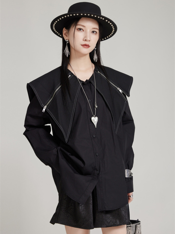 [EAM] Women Black Striped Color-block Big Size Blouse New Lapel Long Sleeve Shirt Fashion Tide Spring Autumn 2024 1DH7983