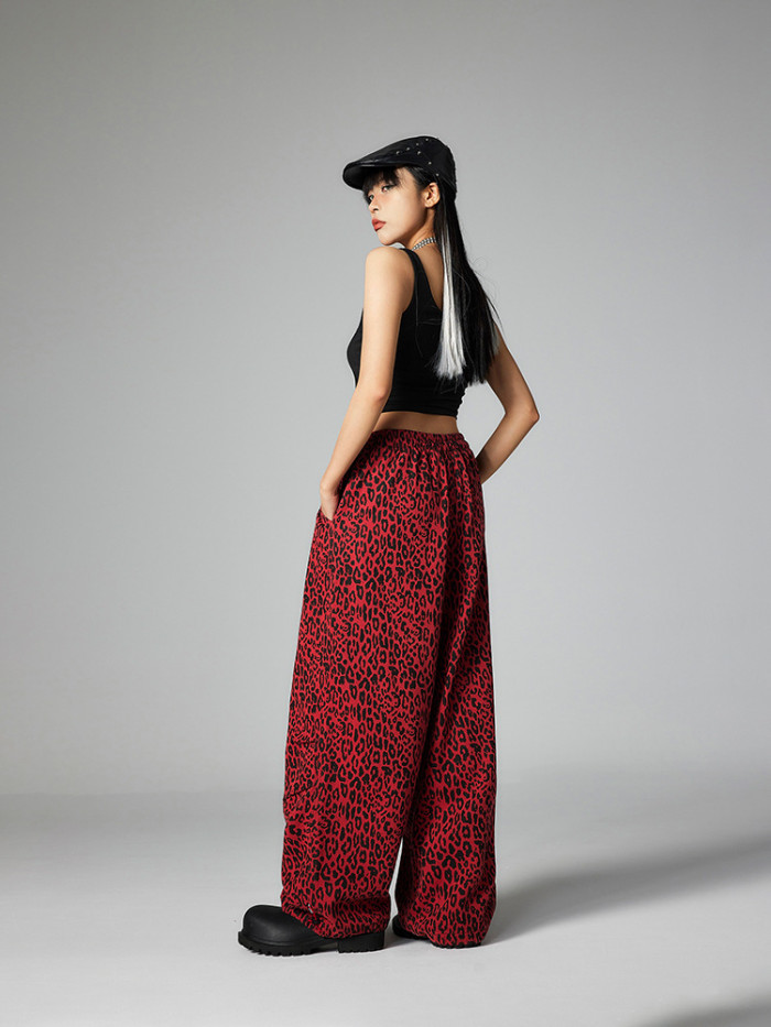 {EAM} American high street leopard print casual pants women's new autumn and winter loose casual drawstring straight pants DLZ234