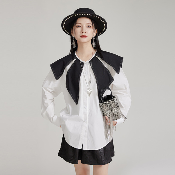 [EAM] Women Black Striped Color-block Big Size Blouse New Lapel Long Sleeve Shirt Fashion Tide Spring Autumn 2024 1DH7983