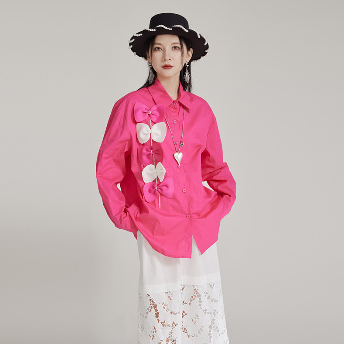 [EAM] Women Rose Red Bow Spliced Big Size Elegant Blouse New Lapel Long Sleeve Shirt Fashion Tide Spring Autumn 2024 1DH7982