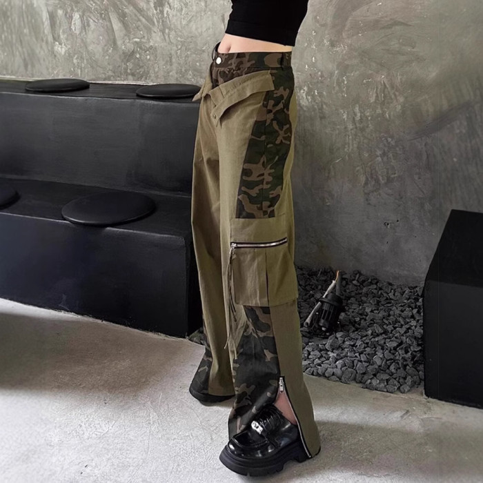 {EAM} American retro high-waisted overalls fake two patchwork leopard print jeans camo pants street hip hop straight leg pants DLZ233