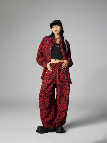 {EAM} American high street leopard print casual pants women's new autumn and winter loose casual drawstring straight pants DLZ234
