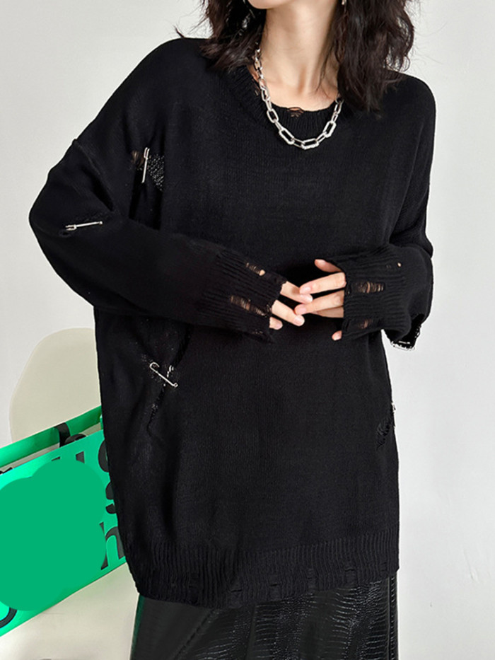 [EAM] Black Big Size Holes Knitting Sweater Round Neck Long Sleeve Women Pullovers New Fashion Tide Spring Autumn 2024 1DH7977