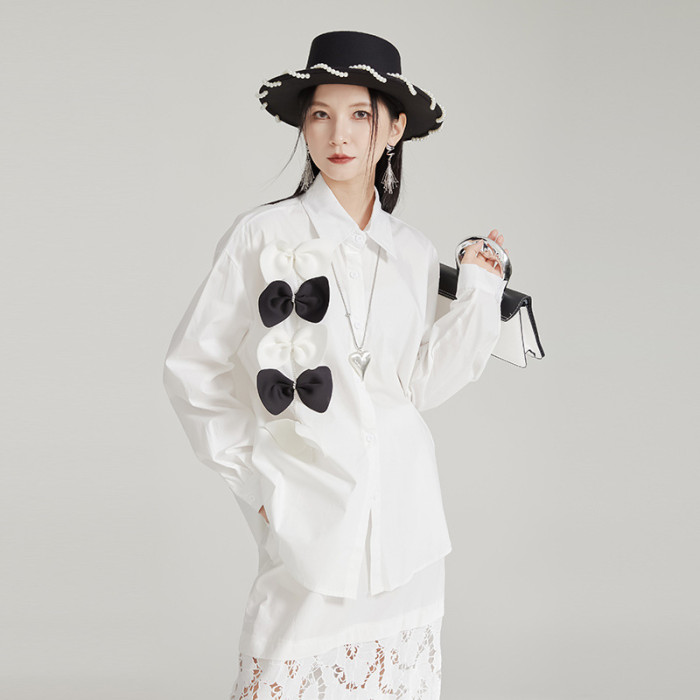 [EAM] Women Rose Red Bow Spliced Big Size Elegant Blouse New Lapel Long Sleeve Shirt Fashion Tide Spring Autumn 2024 1DH7982