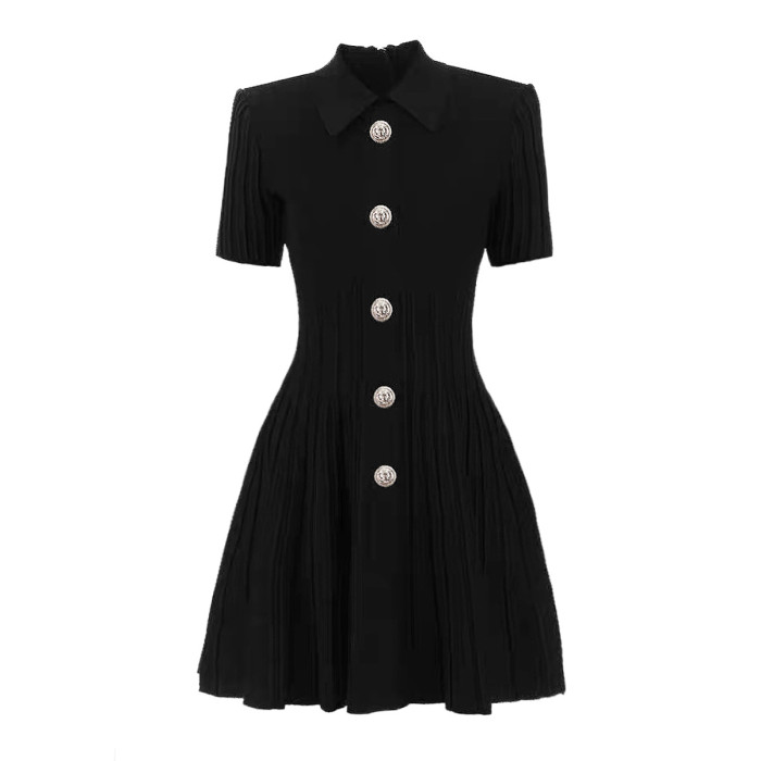 {EAM} Europe and the United States spring and autumn new fashion high quality knitted lapel slimming A-line dress DLZ244