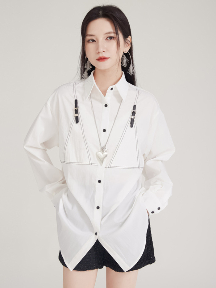 [EAM] Women Black Topstitched Back Button Big Size Blouse New Lapel Long Sleeve Shirt Fashion Tide Spring Autumn 2024  1DH8032