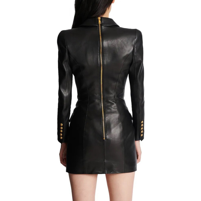{EAM} Spring and autumn new senior fashion simple temperament slimming women PU leather suit dress DLZ240
