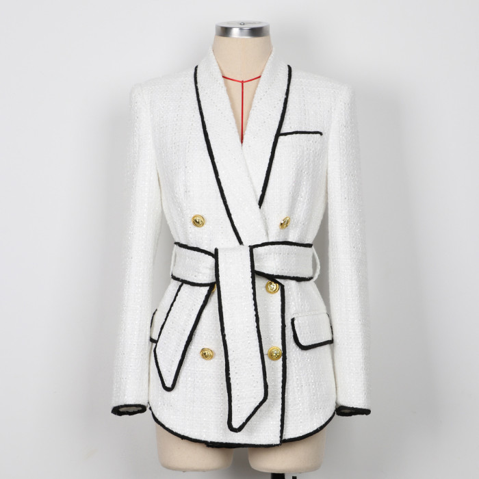 {EAM} High-end women's tweed waist slimming foreign trade source women's suit shorts set DLZ243