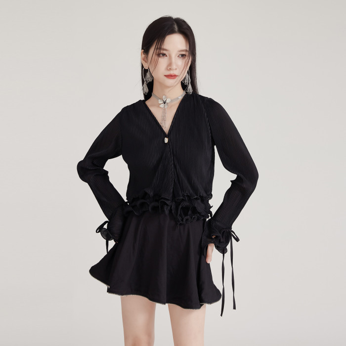 [EAM] Women White Pleated Ruffles Elegant Short Blouse New V-Neck Long Sleeve Shirt Fashion Tide Spring Autumn 2024  1DH8035