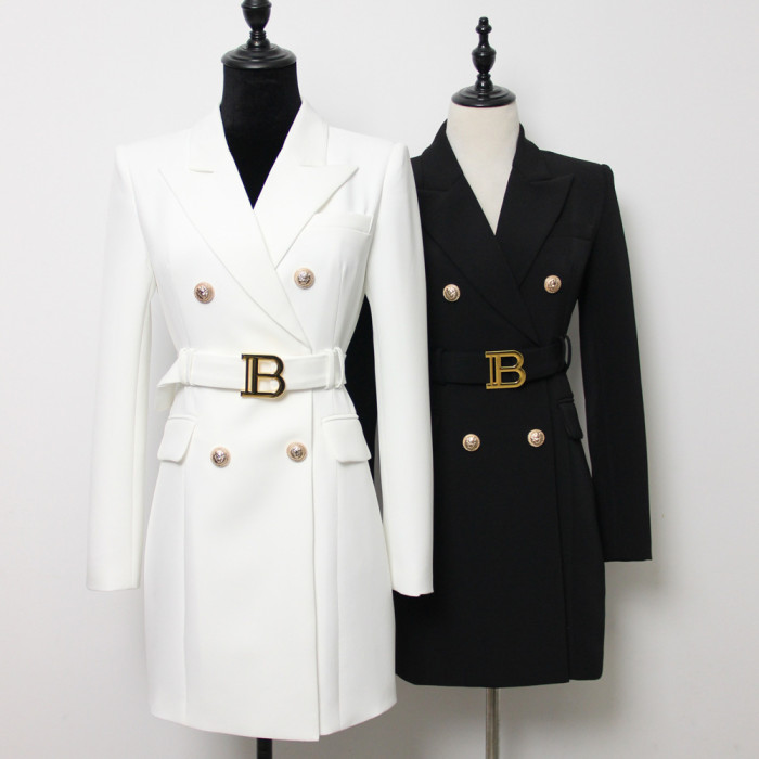 {EAM} Spring and autumn new fashion senior solid color belt long sleeve slim temperament commuter suit dress female spot DLZ237
