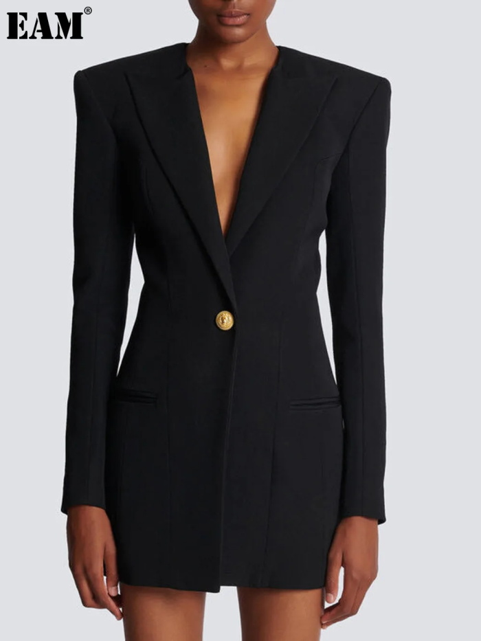 {EAM} Spring and autumn new fashion senior solid color long sleeve slim temperament commuter socialite fashion suit dress DLZ239