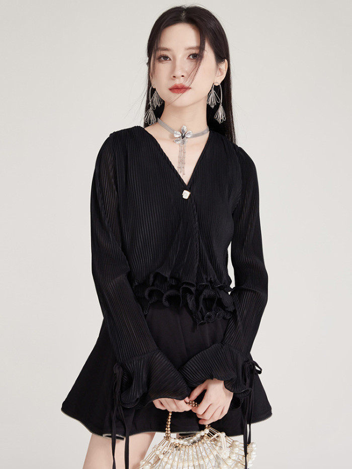 [EAM] Women White Pleated Ruffles Elegant Short Blouse New V-Neck Long Sleeve Shirt Fashion Tide Spring Autumn 2024  1DH8035