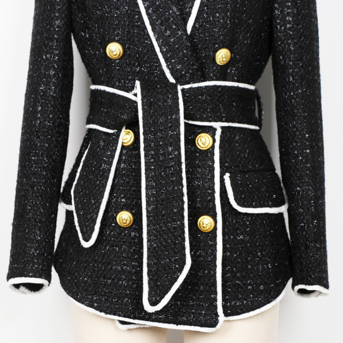 {EAM} High-end women's tweed waist slimming foreign trade source women's suit shorts set DLZ243