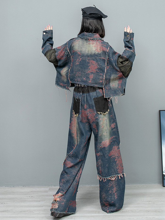 [EAM] Blue Denim Burr Color-block Big Size Short Jacket New Lapel Long Sleeve Women Coat Fashion Tide Spring Autumn 2024 1DH8081