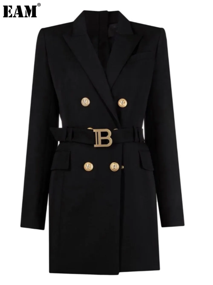 {EAM} Spring and autumn new fashion senior solid color belt long sleeve slim temperament commuter suit dress female spot DLZ237