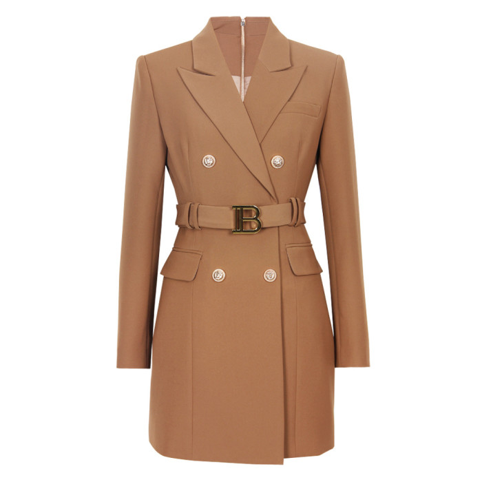 {EAM} Spring and autumn new fashion senior solid color belt long sleeve slim temperament commuter suit dress female spot DLZ237