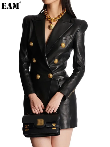 {EAM} Spring and autumn new senior fashion simple temperament slimming women PU leather suit dress DLZ240