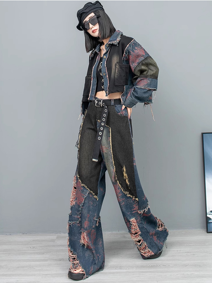 [EAM] Blue Denim Burr Color-block Big Size Short Jacket New Lapel Long Sleeve Women Coat Fashion Tide Spring Autumn 2024 1DH8081