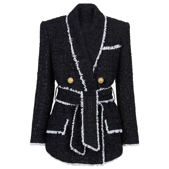 {EAM} High-end women's tweed waist slimming foreign trade source women's suit shorts set DLZ243