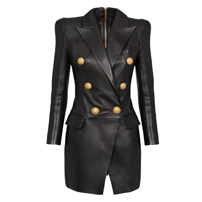 {EAM} Spring and autumn new senior fashion simple temperament slimming women PU leather suit dress DLZ240
