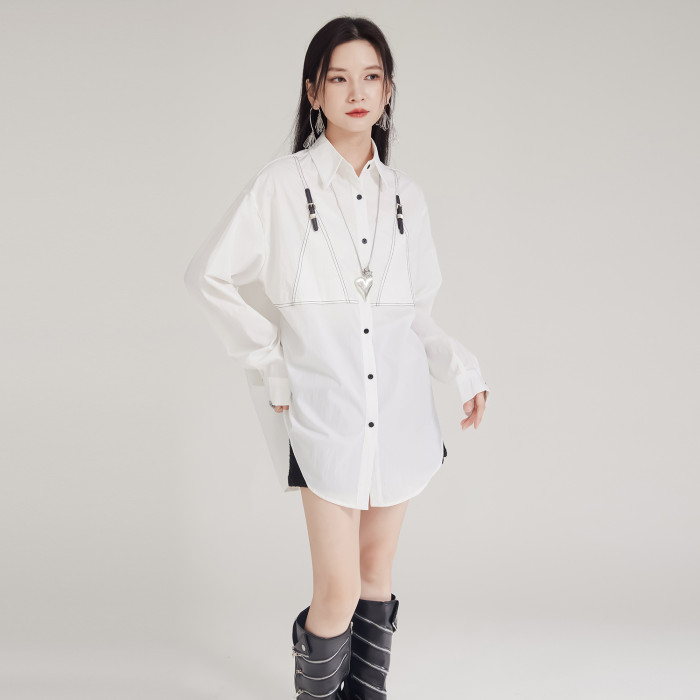 [EAM] Women Black Topstitched Back Button Big Size Blouse New Lapel Long Sleeve Shirt Fashion Tide Spring Autumn 2024  1DH8032