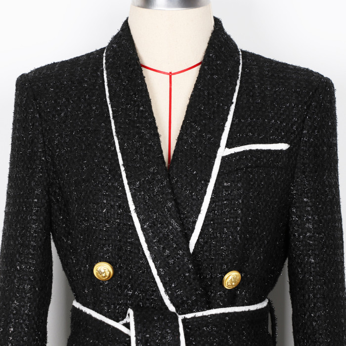 {EAM} High-end women's tweed waist slimming foreign trade source women's suit shorts set DLZ243