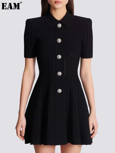 {EAM} Europe and the United States spring and autumn new fashion high quality knitted lapel slimming A-line dress DLZ244