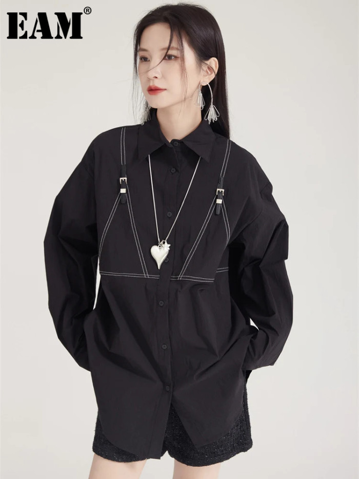 [EAM] Women Black Topstitched Back Button Big Size Blouse New Lapel Long Sleeve Shirt Fashion Tide Spring Autumn 2024  1DH8032