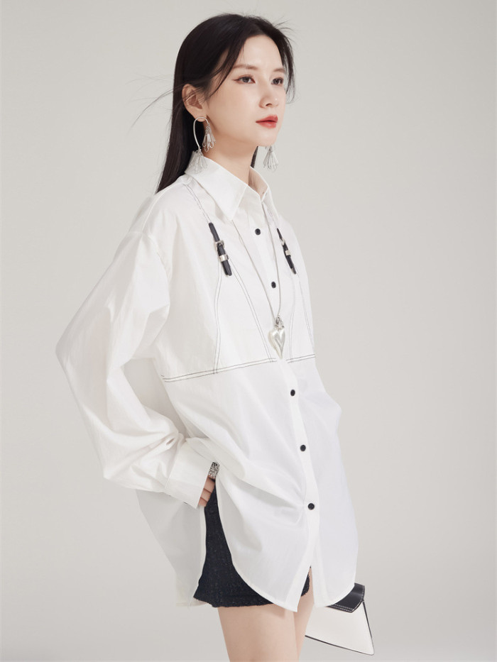 [EAM] Women Black Topstitched Back Button Big Size Blouse New Lapel Long Sleeve Shirt Fashion Tide Spring Autumn 2024  1DH8032