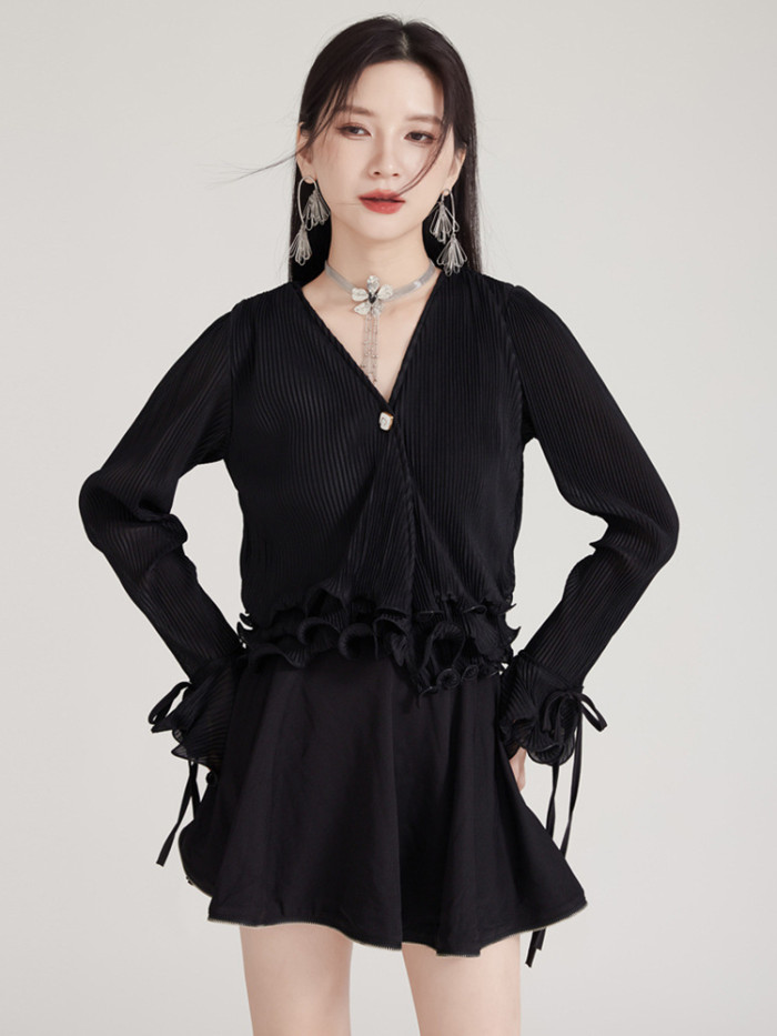 [EAM] Women White Pleated Ruffles Elegant Short Blouse New V-Neck Long Sleeve Shirt Fashion Tide Spring Autumn 2024  1DH8035