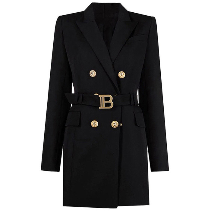 {EAM} Spring and autumn new fashion senior solid color belt long sleeve slim temperament commuter suit dress female spot DLZ237