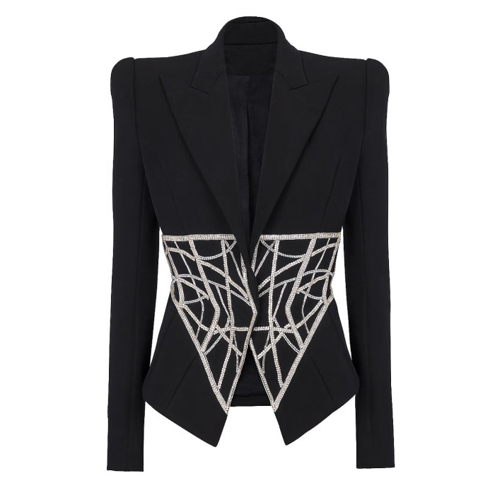 {EAM} Spring and autumn fashion new heavy industry nail bead set diamond waist slimming high-end quality women's suit jacket DLZ241