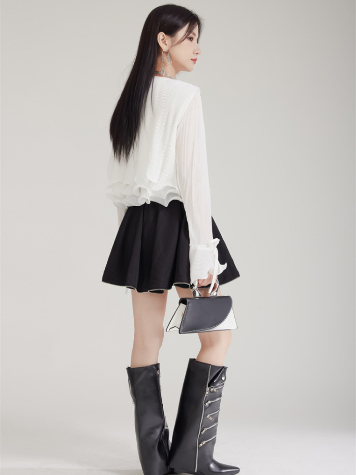 [EAM] Women White Pleated Ruffles Elegant Short Blouse New V-Neck Long Sleeve Shirt Fashion Tide Spring Autumn 2024  1DH8035
