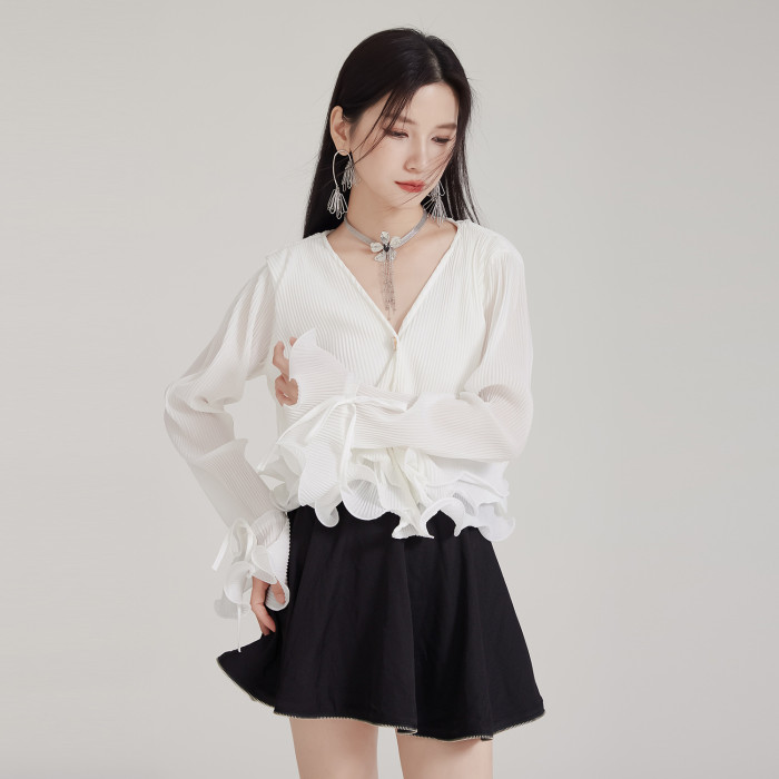 [EAM] Women White Pleated Ruffles Elegant Short Blouse New V-Neck Long Sleeve Shirt Fashion Tide Spring Autumn 2024  1DH8035
