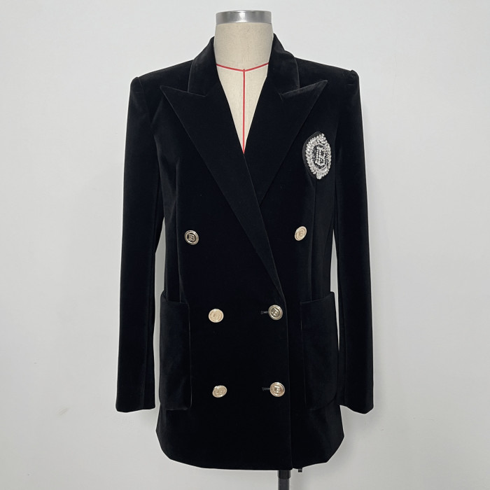 {EAM} Spring and Autumn new product temperament commuter suit collar senior slim medium length foreign trade velvet suit jacket DLZ246