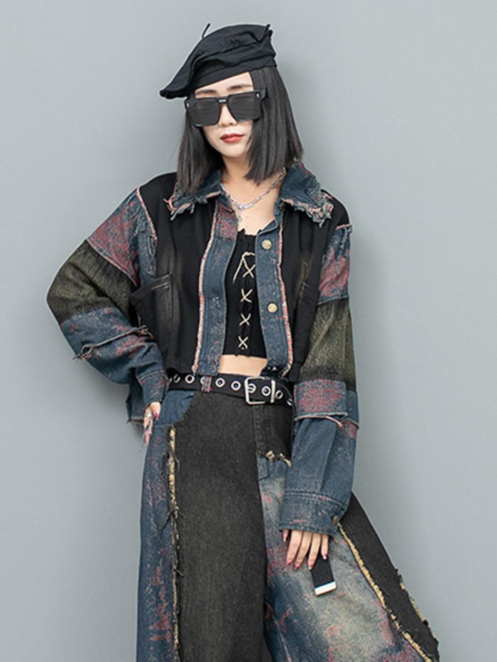 [EAM] Blue Denim Burr Color-block Big Size Short Jacket New Lapel Long Sleeve Women Coat Fashion Tide Spring Autumn 2024 1DH8081