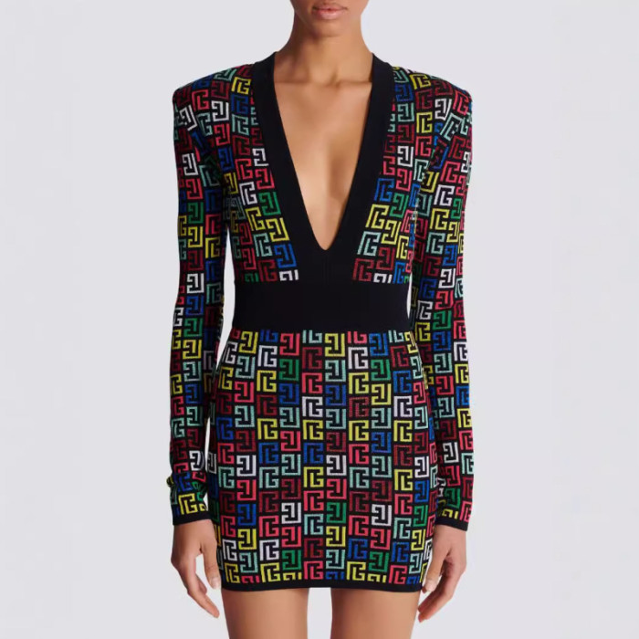 {EAM}Colorful jacquard sexy deep V-short dress, fashionable and hot socialite party dress DLZ257