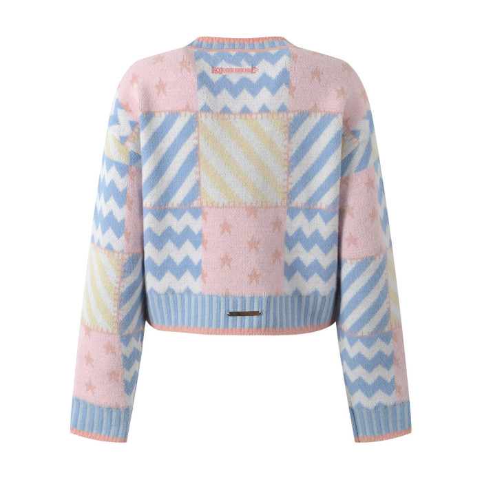 {EAM} Autumn and winter new jacquard rope embroidery hairball short sweater sweet age reduction round neck color contrast short sweater DLZ262