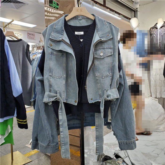 {EAM} Spring and autumn new Korean version of loose sleeveless denim vest vest denim sleeve splicing long sleeve sweater two-piece set  DLZ268